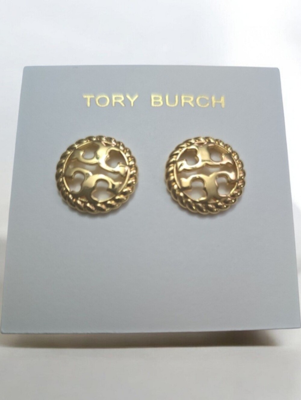 Tory Burch Gold Round Logo Rope-Edge Stud Earrings